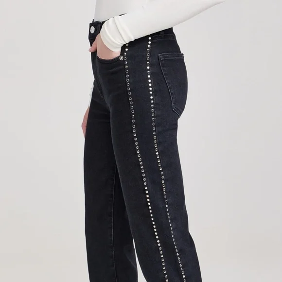 FRAME Women's Jeans Le Sleek Straight High Rise Astronaut Black Studded Sz 25 - Picture 3 of 16